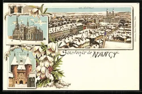 Lithographie Nancy, La cathédrale, Porte de la Craffe et vue générale en hiver