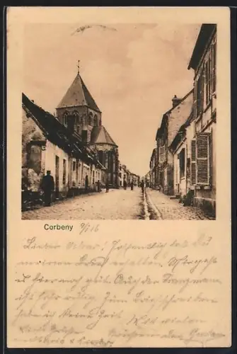 AK Corbeny, Vue de la rue principale avec l`église en arrière-plan