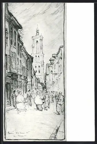 Künstler-AK Paris, Rue animée avec vue sur une église au fond