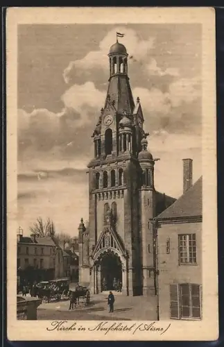 AK Neufchâtel /Aisne, Église impressionnante avec charrette à cheval devant