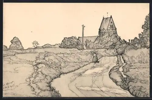 Künstler-AK Camelin, Église et chemin de campagne pittoresque