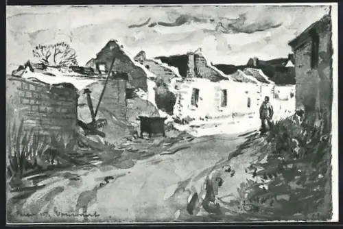 Künstler-AK Variscourt, Rue avec bâtiments en ruines