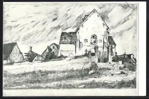 Künstler-AK Variscourt, Vue de l`église et des bâtiments environnants