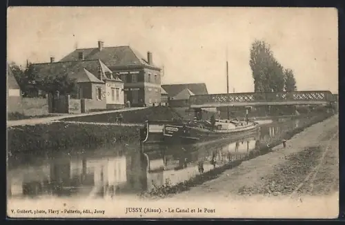 AK Jussy /Aisne, Le Canal et le Pont, peniche Arzila