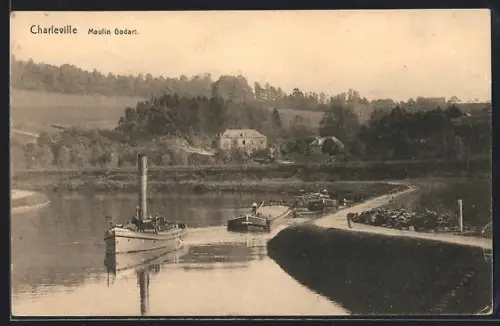 AK Charleville, Moulin Godart avec bateaux sur la rivière