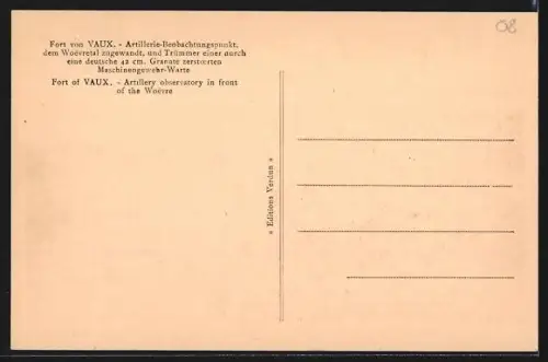 AK Vaux, Observatoire d`Artillerie face à la Woëvre et débris d`une tourelle détruite par un 420 allemand