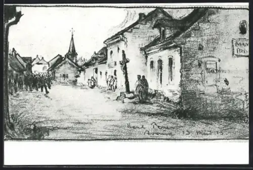 Künstler-AK Avaux, Rue du village avec église et habitants