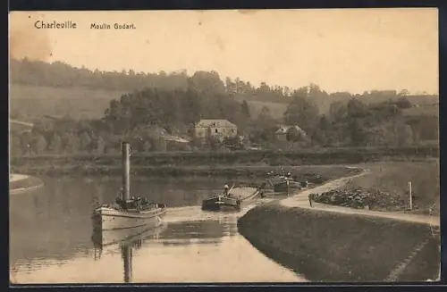 AK Charleville, Moulin Godart avec un bateau à vapeur sur la rivière