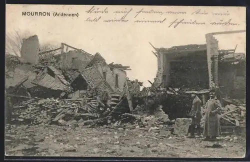 AK Mourron /Ardennen, Bâtiments détruits après un bombardement