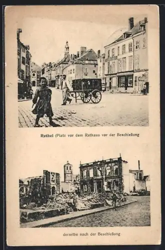 AK Rethel, Place devant l`Hôtel de Ville avant et après le bombardement
