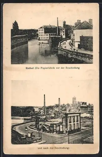 AK Rethel, La papeterie avant et après le bombardement