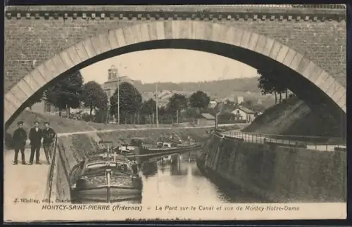 AK Montcy-Saint-Pierre /Ardennes, Le Pont sur le Canal et vue de Montcy-Notre-Dame