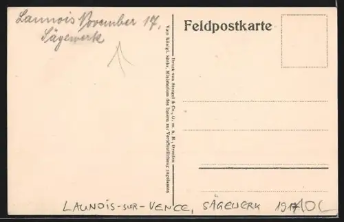 AK Launois-sur-Vence, Scierie avec piles de bois et chevaux à l`oeuvre