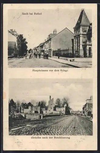 AK Sault /Rethel, Rue principale avant et après le bombardement