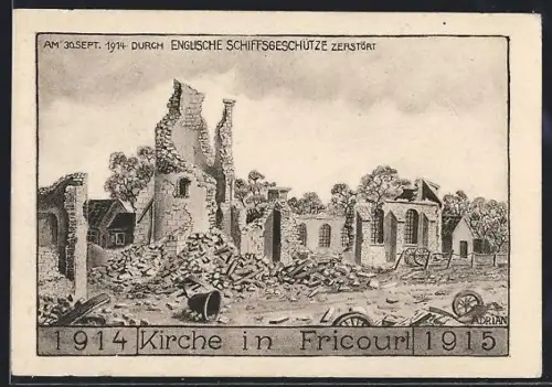 AK Fricourt, Église détruite par les tirs navals anglais en 1914