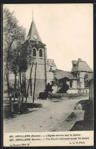 AK Arvillers /Somme, L`Église détruite, sauf le clocher