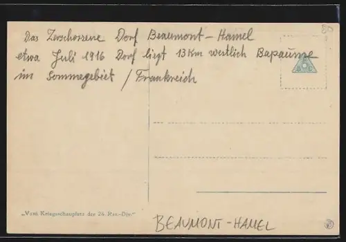 AK Beaumont-Hamel, Le village détruit après les combats de juillet 1916