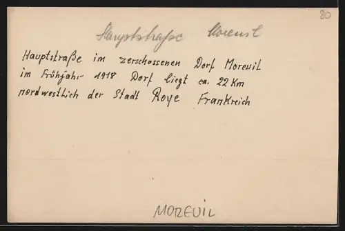 AK Moreuil, Rue principale du village détruit au printemps 1918
