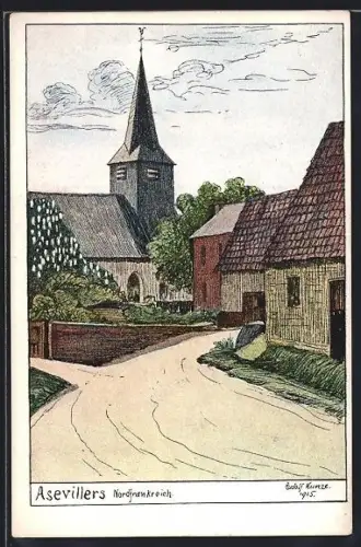 Künstler-AK Assevillers, Vue de l`église et des maisons du village