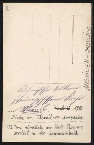 Foto-AK Mesnil-en-Arrouaise, Église endommagée après la bataille de la Somme