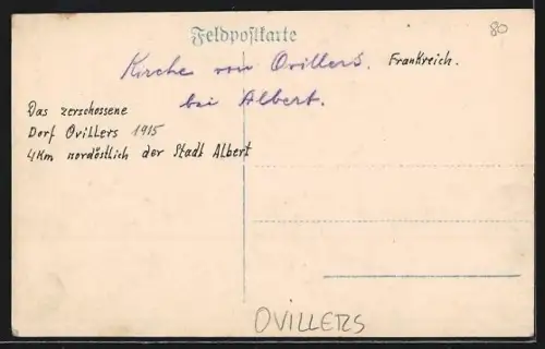 Foto-AK Ovillers, Église en ruines après les combats 1915