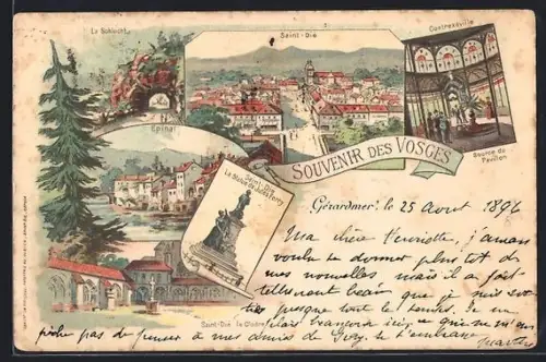 Lithographie Vosges, Saint-Dié, La Schlucht, Épinal et Contrexéville