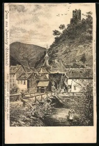 Künstler-AK Isenburg / Sayntal, Brückenpartie mit Blick zur Burg