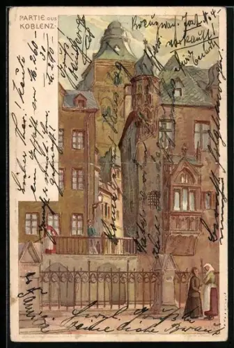Künstler-AK Franz Hein: Koblenz, Ortspartie mit Anwohnern und alten Häusern