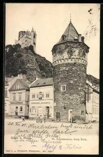 AK St. Goarshausen, Burg Katz mit Café Wilh. Heck