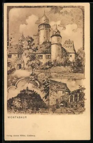 Lithographie Montabaur, Schloss Montabaur, Schloss v. d. Westseite, Eingang d. Schlosshofes