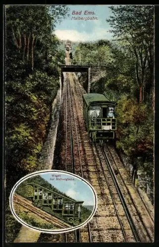 AK Bad Ems, Malbergbahn unterwegs, Wagen der Malbergbahn