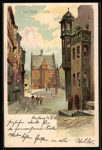Lithographie Marburg, Marktplatz mit Rathaus