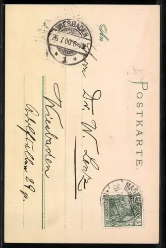 Lithographie Marburg, Marktplatz mit Rathaus