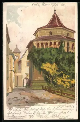 Lithographie Comburg, Strassenpartie mit Turm