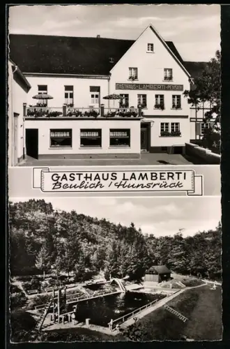 AK Beulich /Hunsrück, Gasthaus Lamberti, Bes. Wilh. Lamberti, Schwimmbad