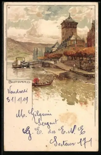 Künstler-AK Manuel Wielandt: Boppard, Partie am Ufer an einem Herbsttage