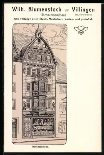 Künstler-AK Villingen / Baden, Geschäftshaus Wilh. Blumenstock, Uhrenversandhaus