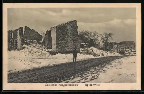 AK Epinonville, Champ de bataille occidental en ruines sous la neige