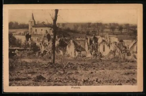 AK Flabas, Vue des ruines du village avec l`église en arrière-plan