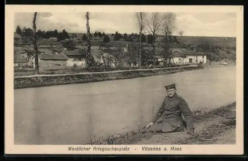 AK Vilosnes /Meuse, Soldat allemagne au bord de la rivière