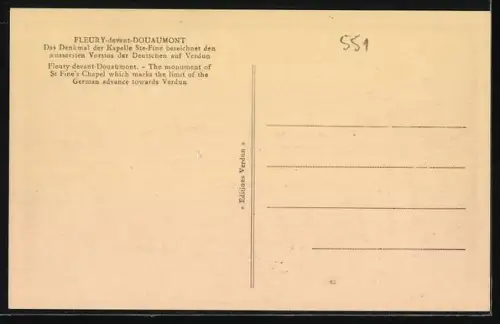 AK Fleury-devant-Douaumont, Le Monument de la Chapelle Ste-Fine marquant l`avance allemande sur Verdun