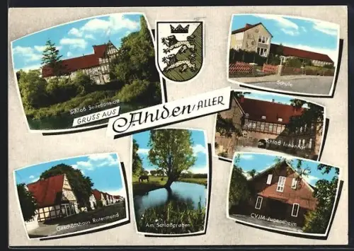 AK Ahlden /Aller, Schloss Seitenansicht, Geschäftshaus Rotermund, CVJM Jugendheim