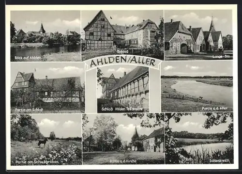 AK Ahlden /Aller, Schloss, Lange Str., Kirche, Partie an der Aller