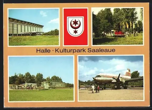 AK Halle /Saale, Kulturpark Saaleaue, Eissporthalle, Pionierseebahn, Konsum-Gaststätte Saaleaue