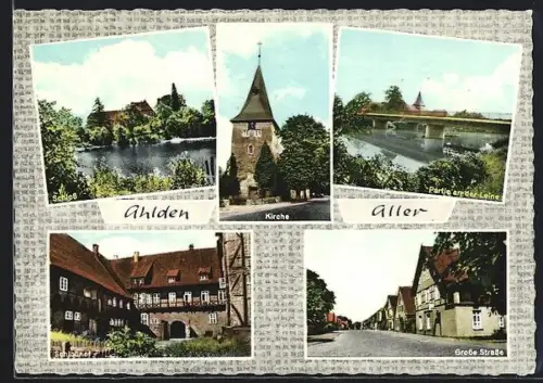 AK Ahlden /Aller, Schloss, Kirche, Partie an der Leine, Grosse Strasse