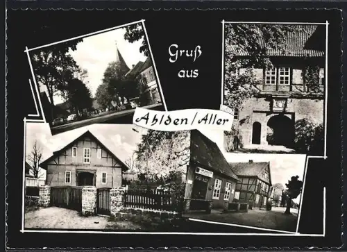 AK Ahlden /Aller, Kirche, Fachwerkhäuser, Torhaus, Eisdiele und Café W. Schumacher