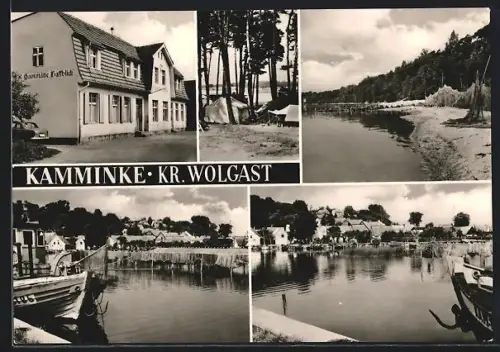 AK Kamminke /Wolgast, Gasthaus Forstblick, Strand, Hafenansicht