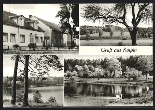 AK Kolpin /Fürstenwalde, Konsum-Gaststätte, Blick auf die Frühlingsberge, Grosser Kolpiner See