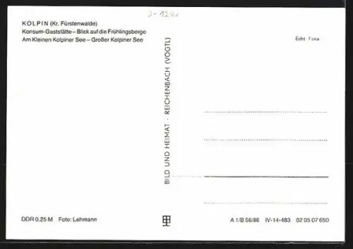 AK Kolpin /Fürstenwalde, Konsum-Gaststätte, Blick auf die Frühlingsberge, Grosser Kolpiner See