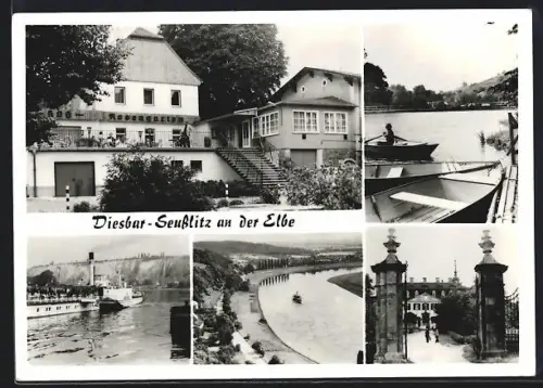 AK Diesbar-Seusslitz, Elbeansichten, Dampfer, Schlossportal, Restaurant Klosterbergschänke